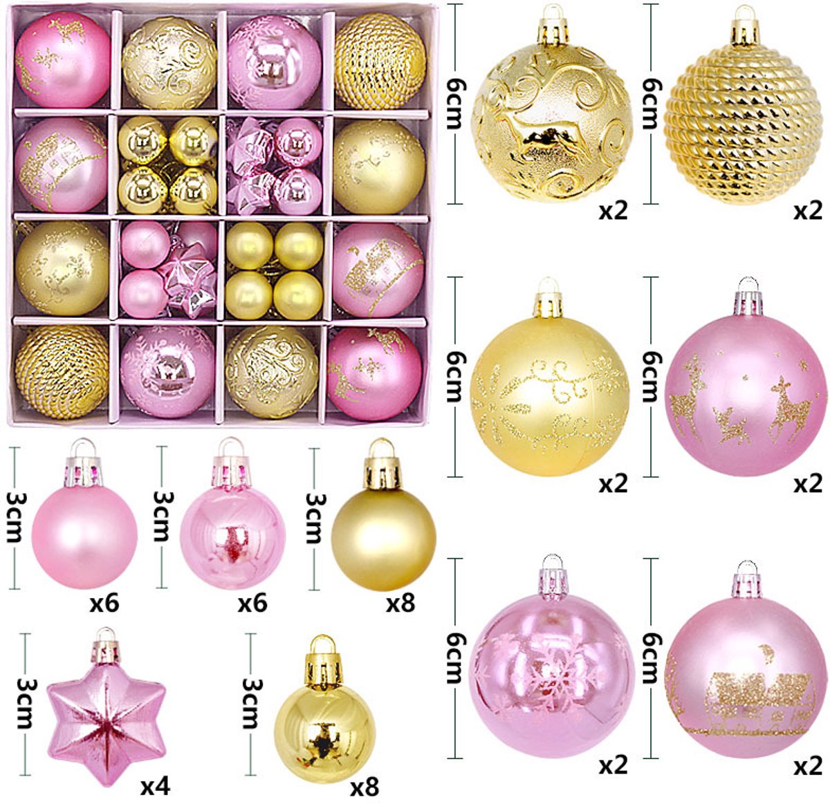 Zandarix Deluxe Kerstballen Ornamenten Set (44 Stuks) – Mix van 3–6 cm PVC in Luxe Geschenkdoos - Roze/Goud
