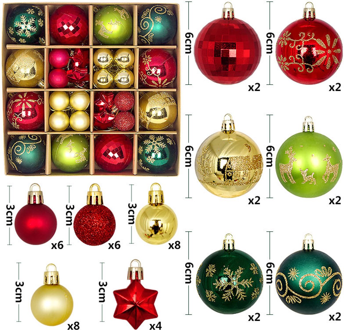Zandarix Deluxe Kerstballen Ornamenten Set (44 Stuks) – Mix van 3–6 cm PVC in Luxe Geschenkdoos - Rood/Goud/Groen