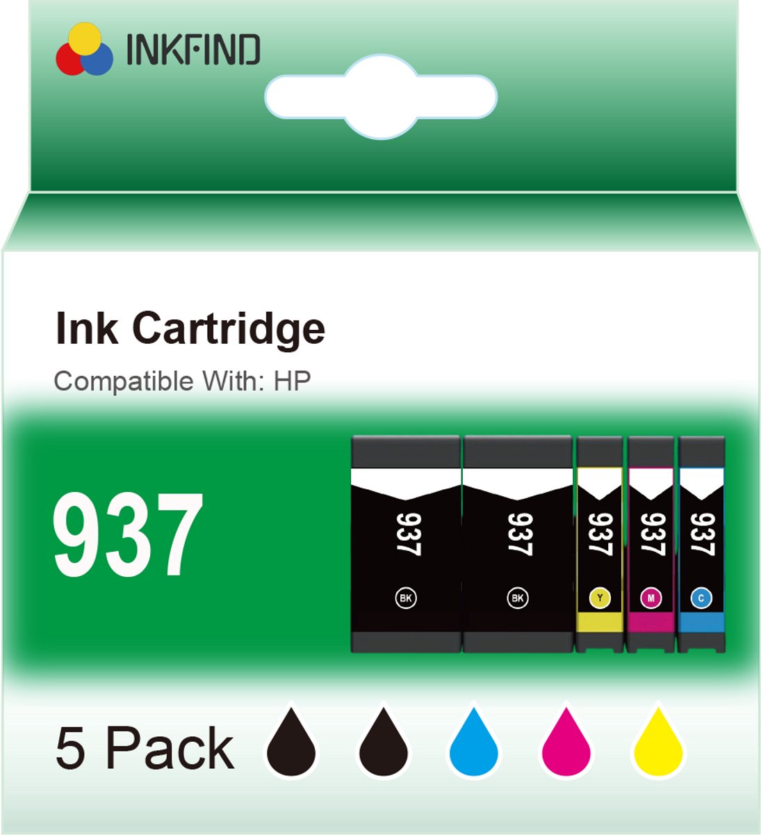 INKFIND 937 Zwart/Zwart/Cyaan/Magenta/Geel inktcartridge compatibel met HP 937 937e 6C400NE 5 Pack geschikt voor HP OfficeJet Pro 9730e 9720e 9122e; 9125e; 9110b; 9135e; 9130b; 9132e; 9120e; 9117b; 9120b - 5-pack Zwart/Zwart/Cyaan/Magenta/Geel