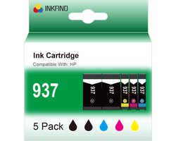 INKFIND 937 Zwart/Zwart/Cyaan/Magenta/Geel inktcartridge compatibel met HP 937 937e 6C400NE 5 Pack geschikt voor HP OfficeJet Pro 9730e 9720e 9122e; 9125e; 9110b; 9135e; 9130b; 9132e; 9120e; 9117b; 9120b - 5-pack Zwart/Zwart/Cyaan/Magenta/Geel