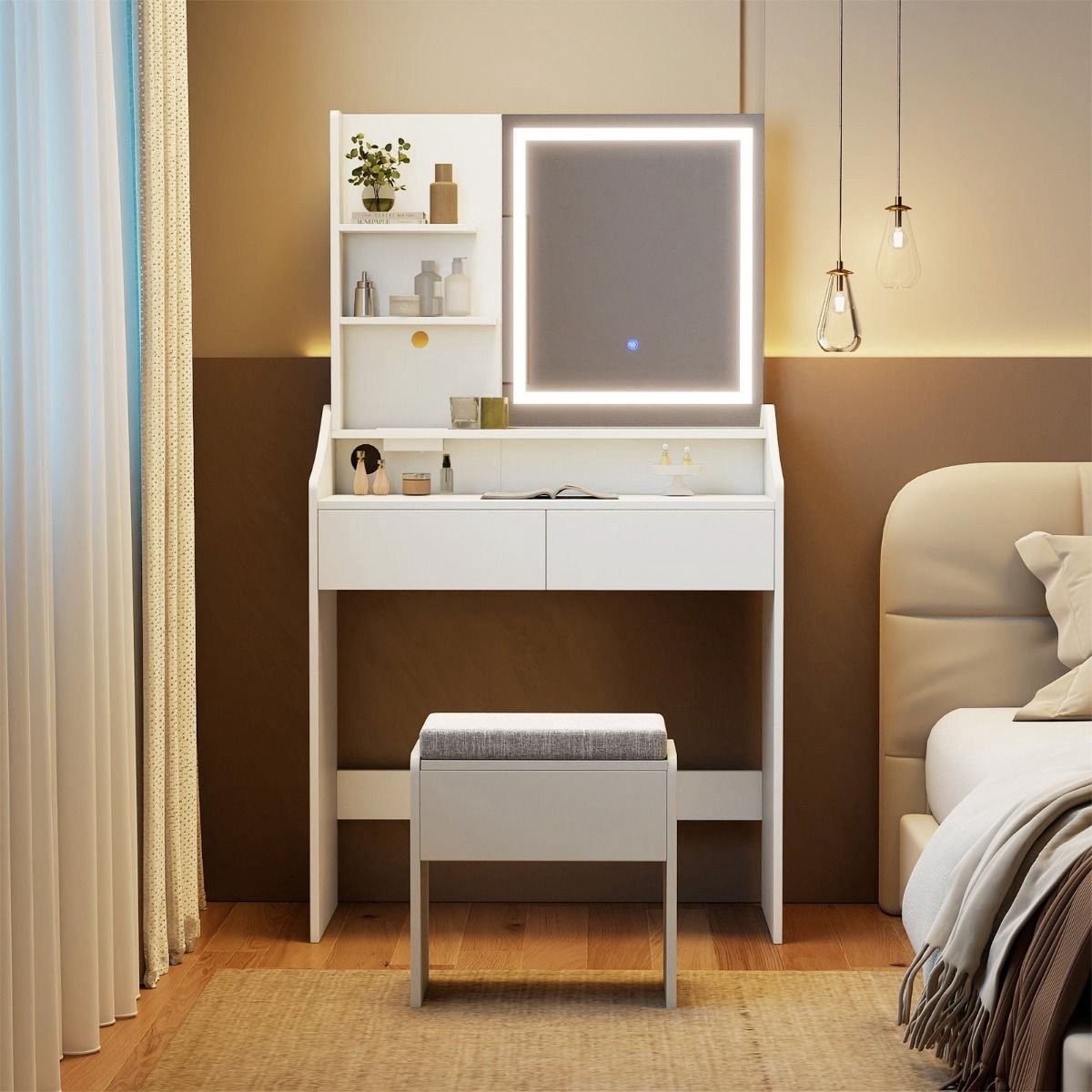 GranMaison Kaptafel met spiegel en verlichting - Make up tafel - Make up - Toilettafel - Met lades - Wit