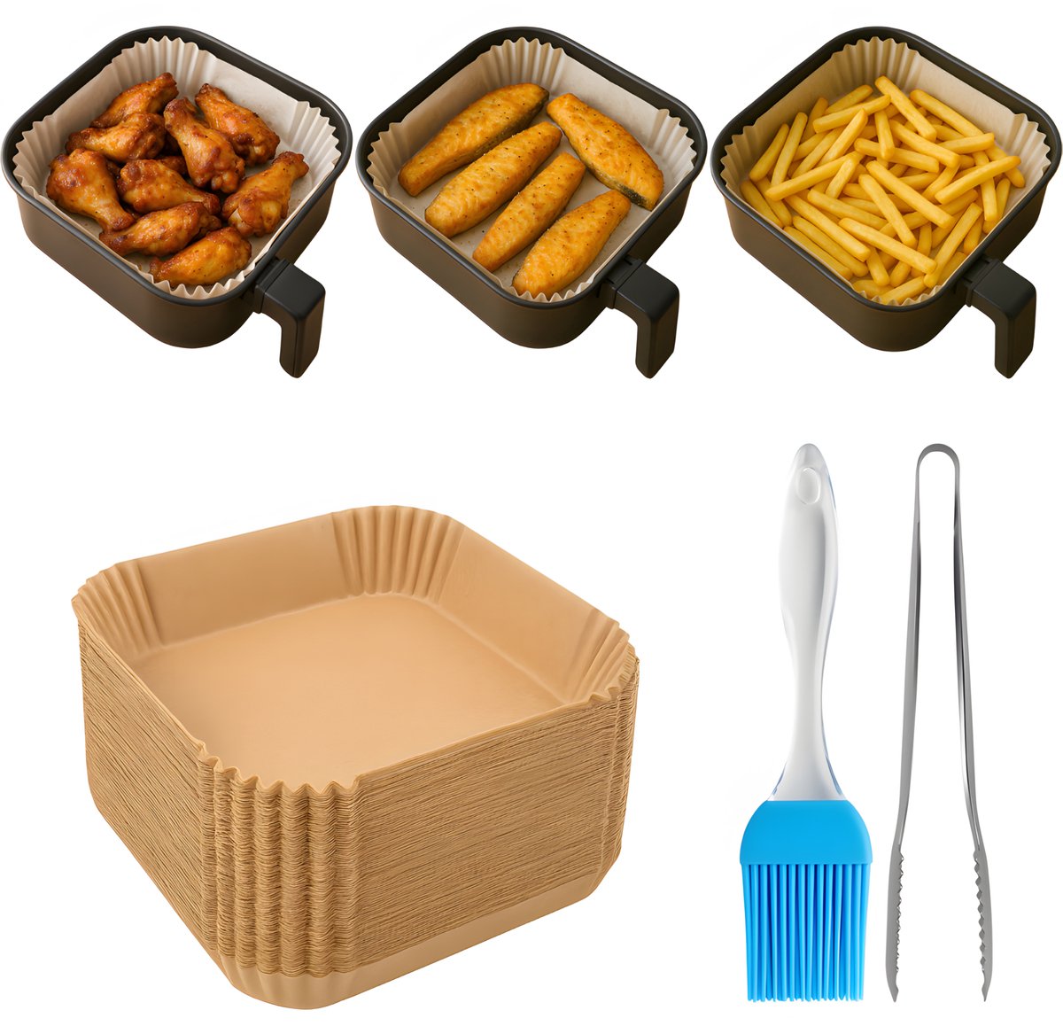 Papieren Inzetvellen voor Airfryer – 50 stuks + Accessoires (3-in-1 Set)