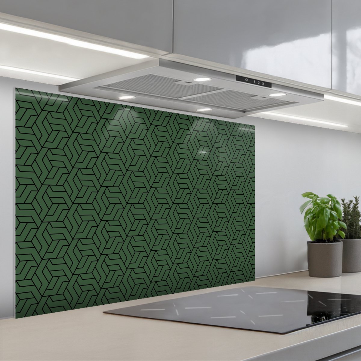 Spatscherm 80x55 cm - Zelfklevende achterwand Donkergroen - Patroon - Lijnen - Zwart - Keuken muurbeschermer - Spatwand fornuis