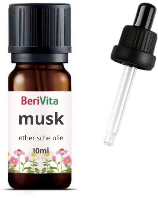 Berivita musk etherische olie 10ml in bruine glazen pipetfles met een aparte druppelaar.