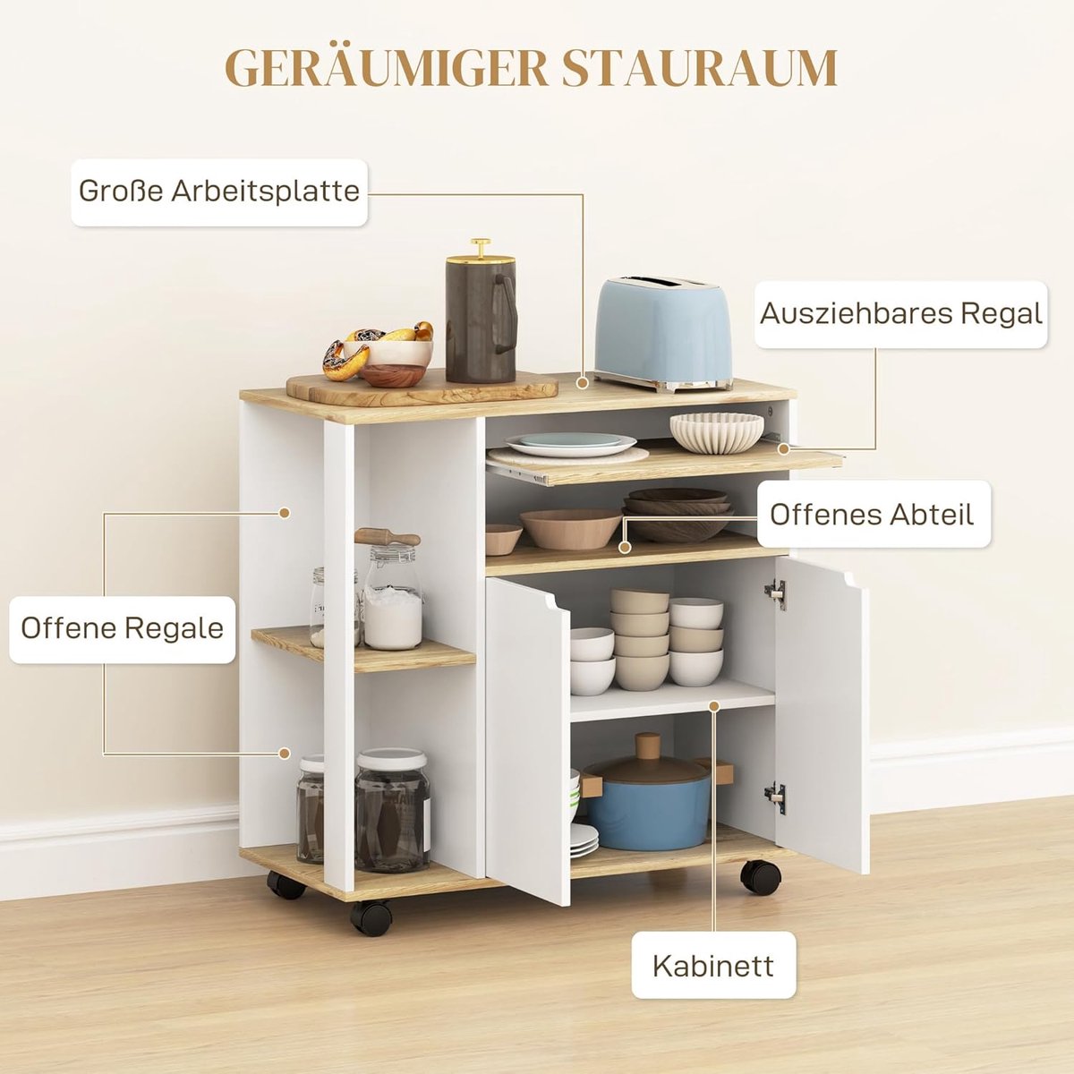 Keukentrolley op Wielen – Met Werkblad – Wit – Medahomestore