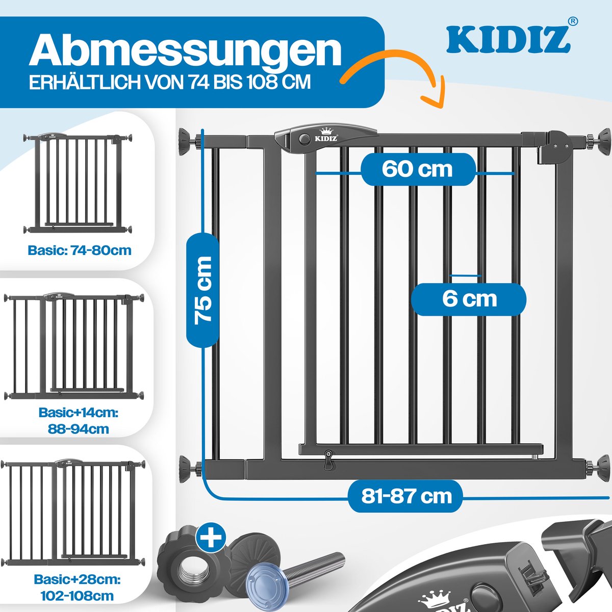 KIDIZ® Traphekje 81-87 cm Uitbreidbaar met Verlengstuk - Kinderhekje zonder boren Veiligheidshekje voor Kinderen en Baby - Antraciet