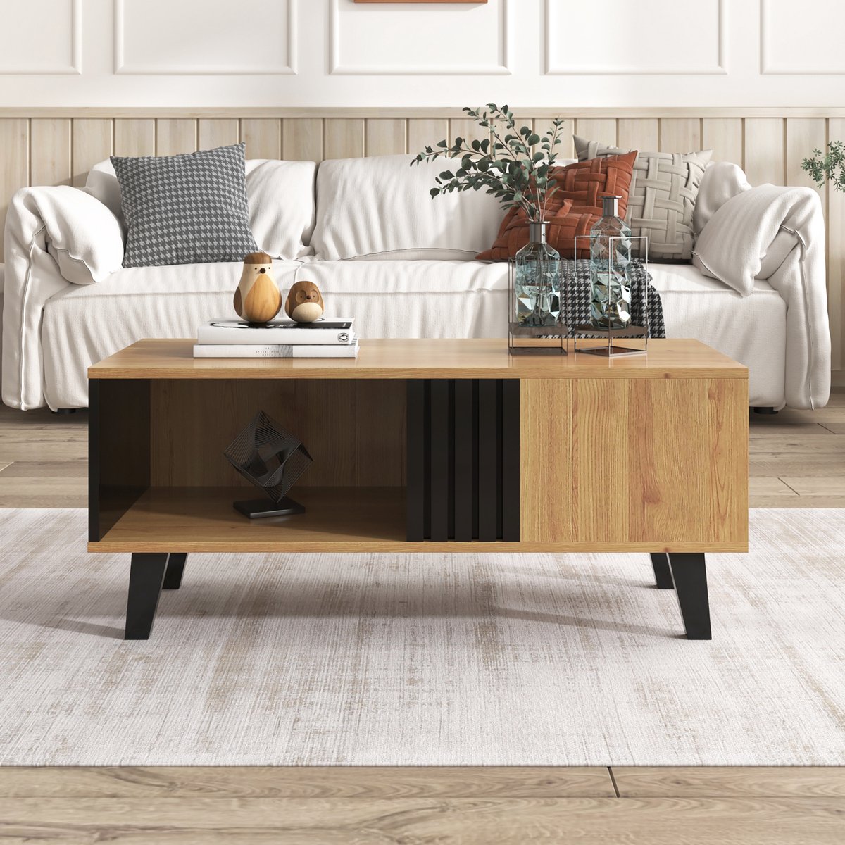 Wishdor Salontafel 100×60×45 cm natuurlijk hout & zwart design, ruime opbergruimte met 3 vakken en waterdichte afwerking