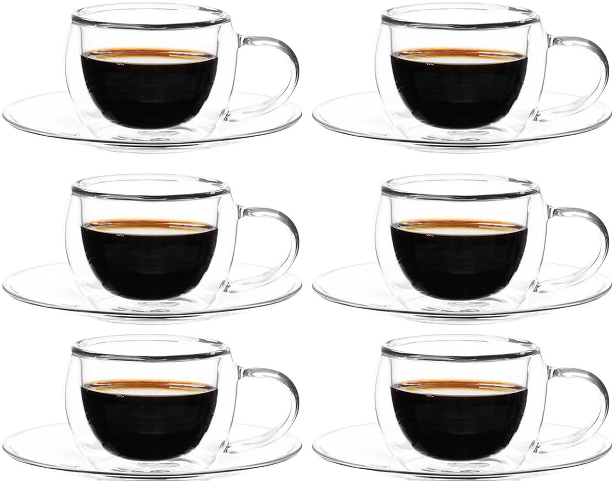 Bricard Dubbelwandige Glazen met Schotel - 140ml - Set van 6 - Koffieglas - Turkse Koffieglazen en onderzetters