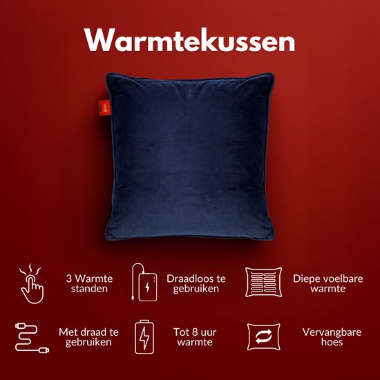 Donkerblauw fluwelen warmtekussen met 3 warmtestanden, draadloos/bedraad, tot 8 uur warmte.