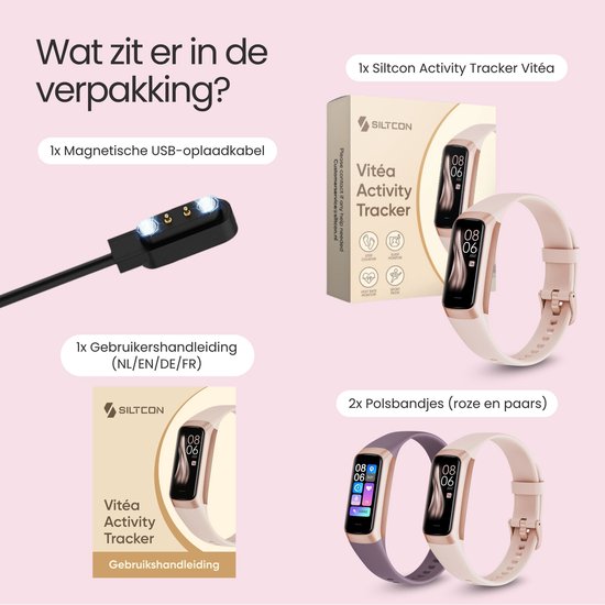 Verpakking van de Siltcon activity tracker Vitéa, met twee bandjes in roze en paars.