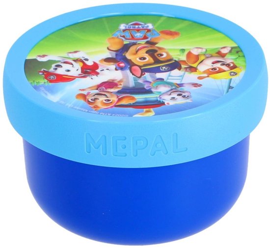 Boîte à snacks Mepal bleue avec couvercle illustrant le logo et les chiots de la Pat' Patrouille.