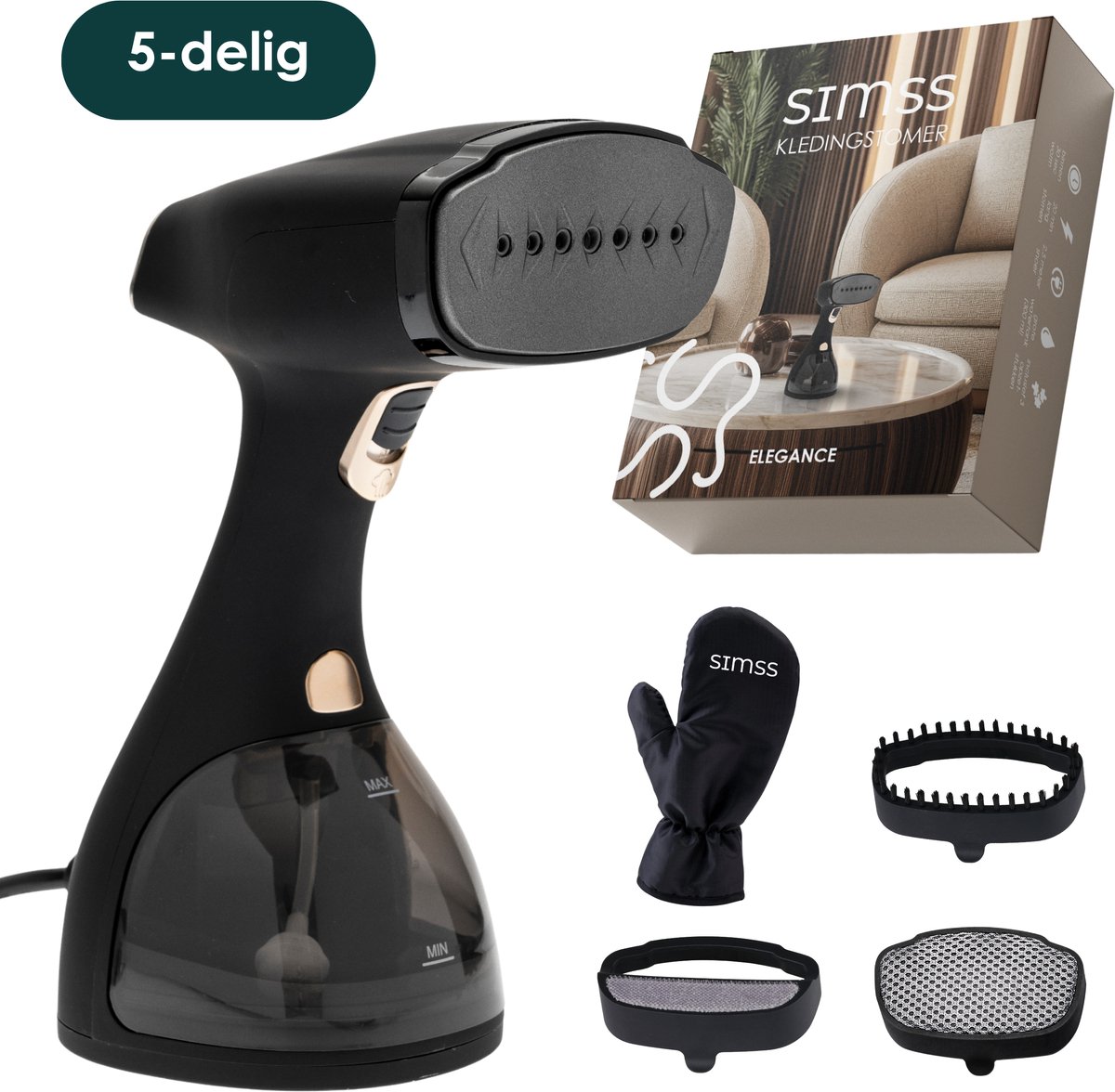 Simss - Kledingstomer - Krachtige Handstomer voor Kleding en Meubilair - Stoomapparaat met 3 Opzetborstels - Snelle opwarmtijd - Inclusief Warmtebestendige Handschoen - 1500W - 300ml - Steamer - Elegant design - Mat - Zwart