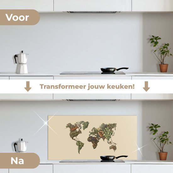Spatscherm 90x45 cm - Zelfklevende achterwand Wereldkaart - Kruiden - Kleurrijk - Keuken muurbeschermer - Spatwand fornuis
