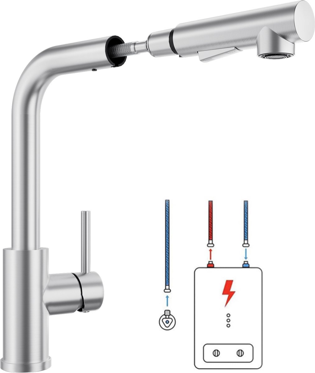 Lonheo max Keukenkraan met Uittrekbare Uitloop - lagedrukkraan - Handdouche - Mengkraan -2 Waterafvoermodi - Spoelkraan - 360° draaibaar