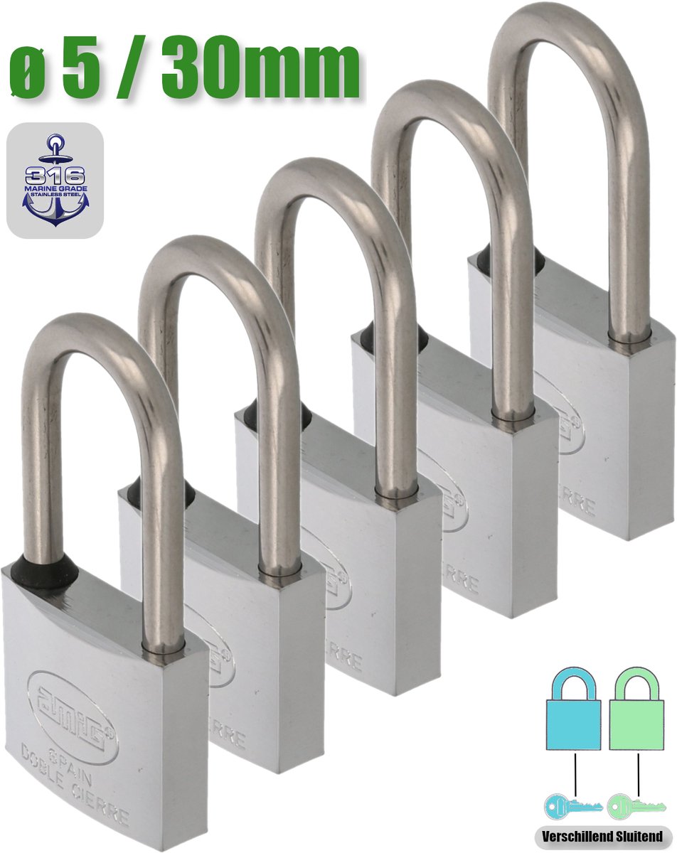 AMIG Hangsloten met Sleutel Ø5 / 30x65mm – 100% Roestvrij - Geweldig voor Buiten – Marine Kwaliteit - Messing Verchromt + RVS AISI 316 – 5 Stuks