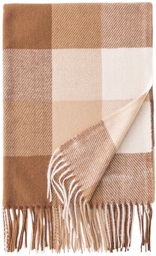 Gevouwen bruine en beige ruit sjaal met franjes.