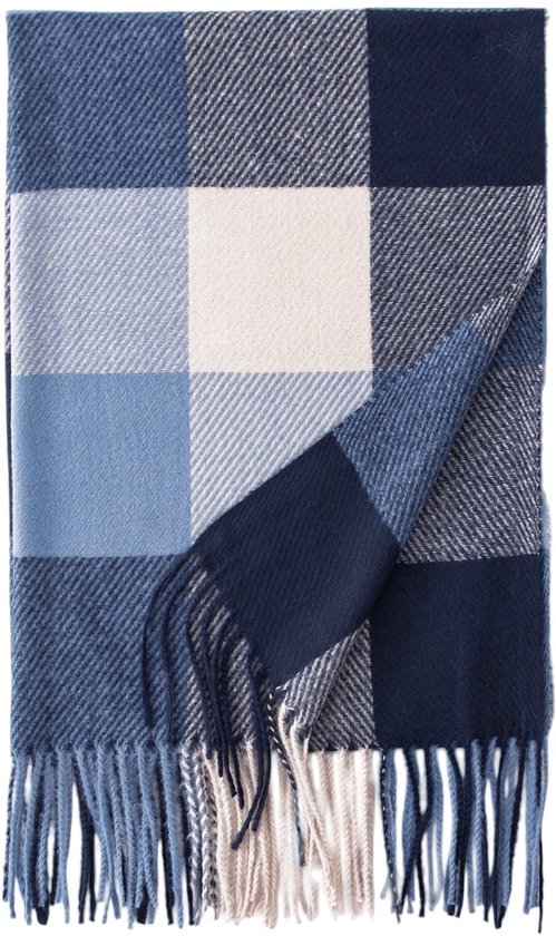 Blauwe, witte en grijze geruite sjaal met franjes.