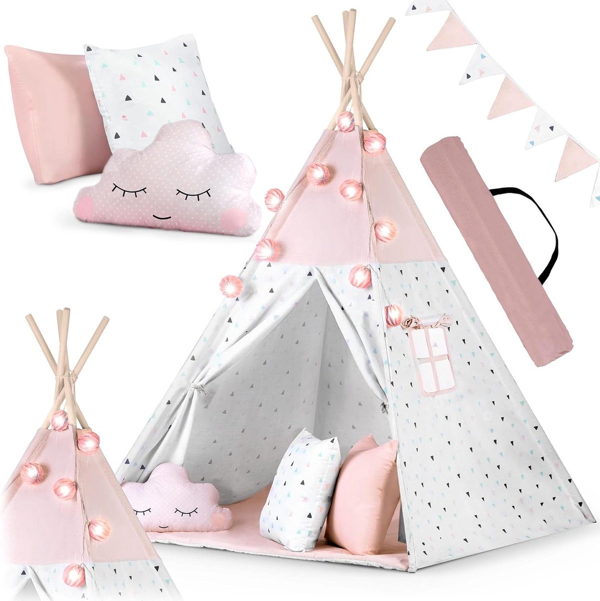 Provento - Kindertipi met Montessori-Stijl, Slinger en Kerstverlichting - Natuurlijke Materialen, Eenvoudig Op te Zetten - Stabiele Constructie - Inclusief 3 Kussens en Isolatiemat