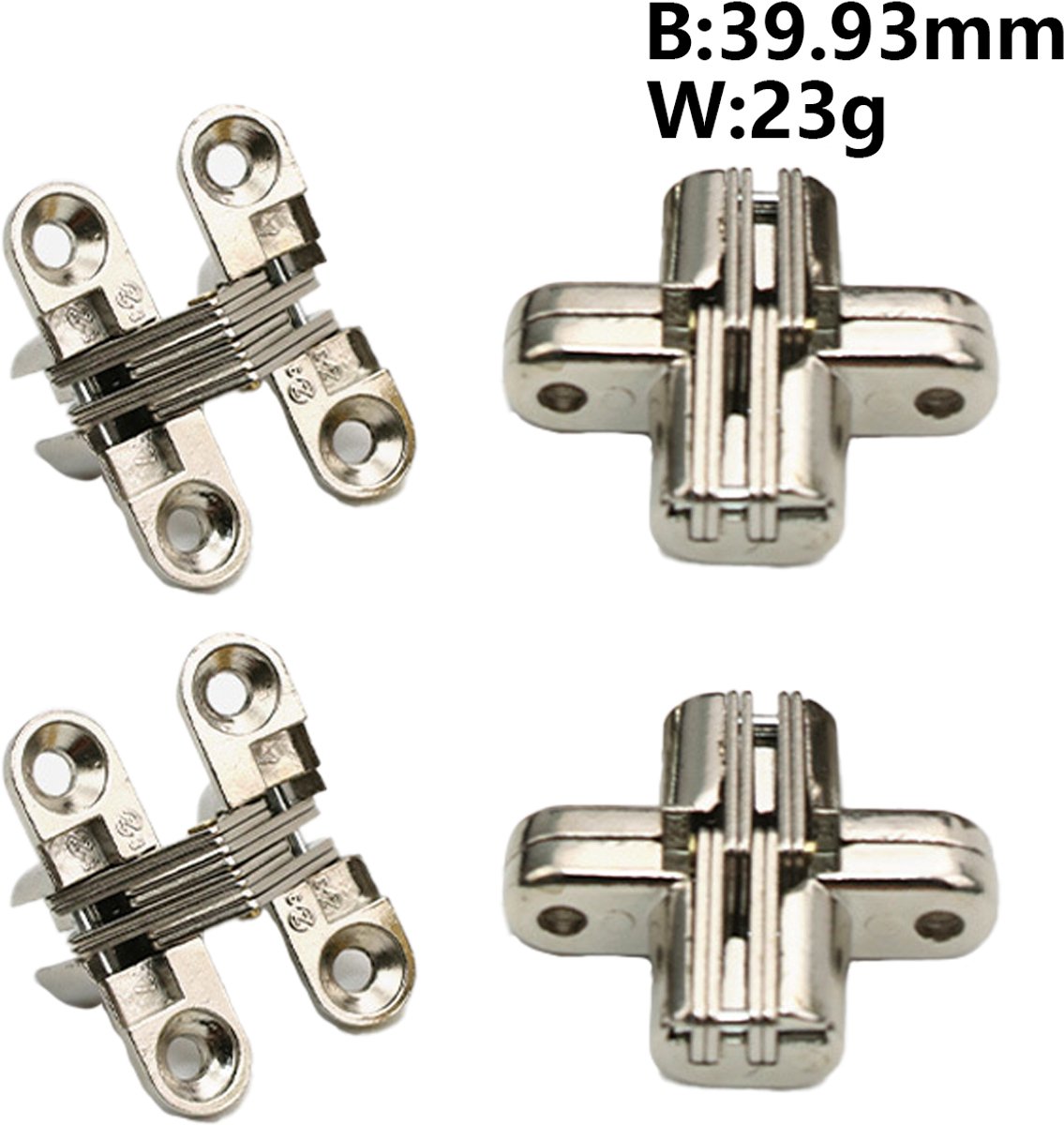 4 stuks Binnendeurscharnieren - 39.93mm - voor Plaatschroef 3.5 x 14 mm - Kruisscharnier - Onzichtbare scharnieren - Verborgen scharnieren - 180 graden onzichtbaar vouwend - voor meubels - Houten deuren - Kabinetten - Kasten - Houten kistjes