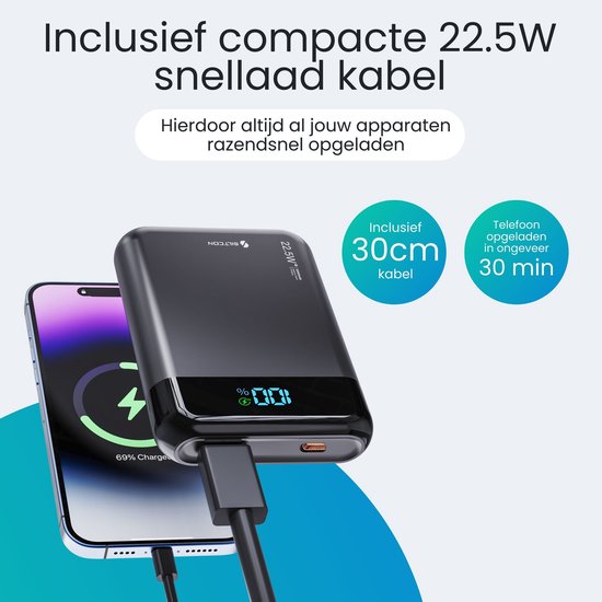 Siltcon® Ultra Compacte Powerbank 10000 mAh - 22.5W Charge Rapide – USB-C / A - Indicateur LED - Kit d'Urgence – Universel pour Téléphones, Tablettes & Plus– 2 Ports - Noir