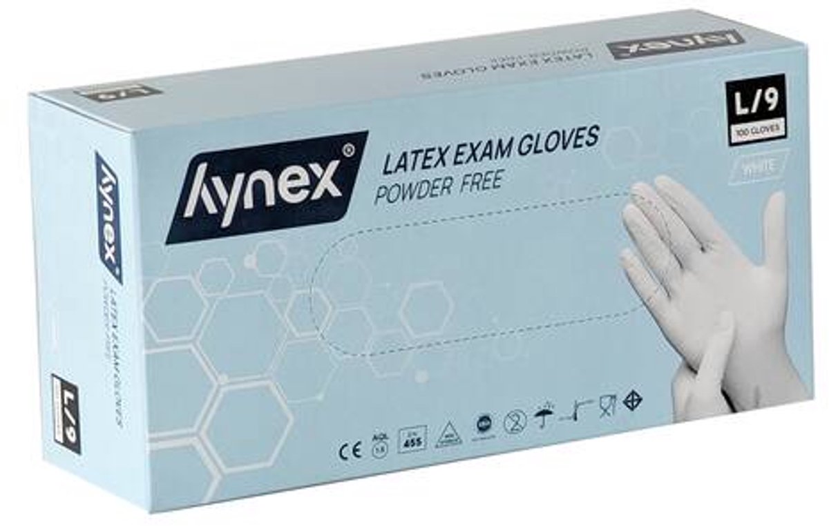 Hynex latex handschoenen maat L Wit omdoos 1000 stuks poedervrij - 5,0gr MD - 10x100/box
