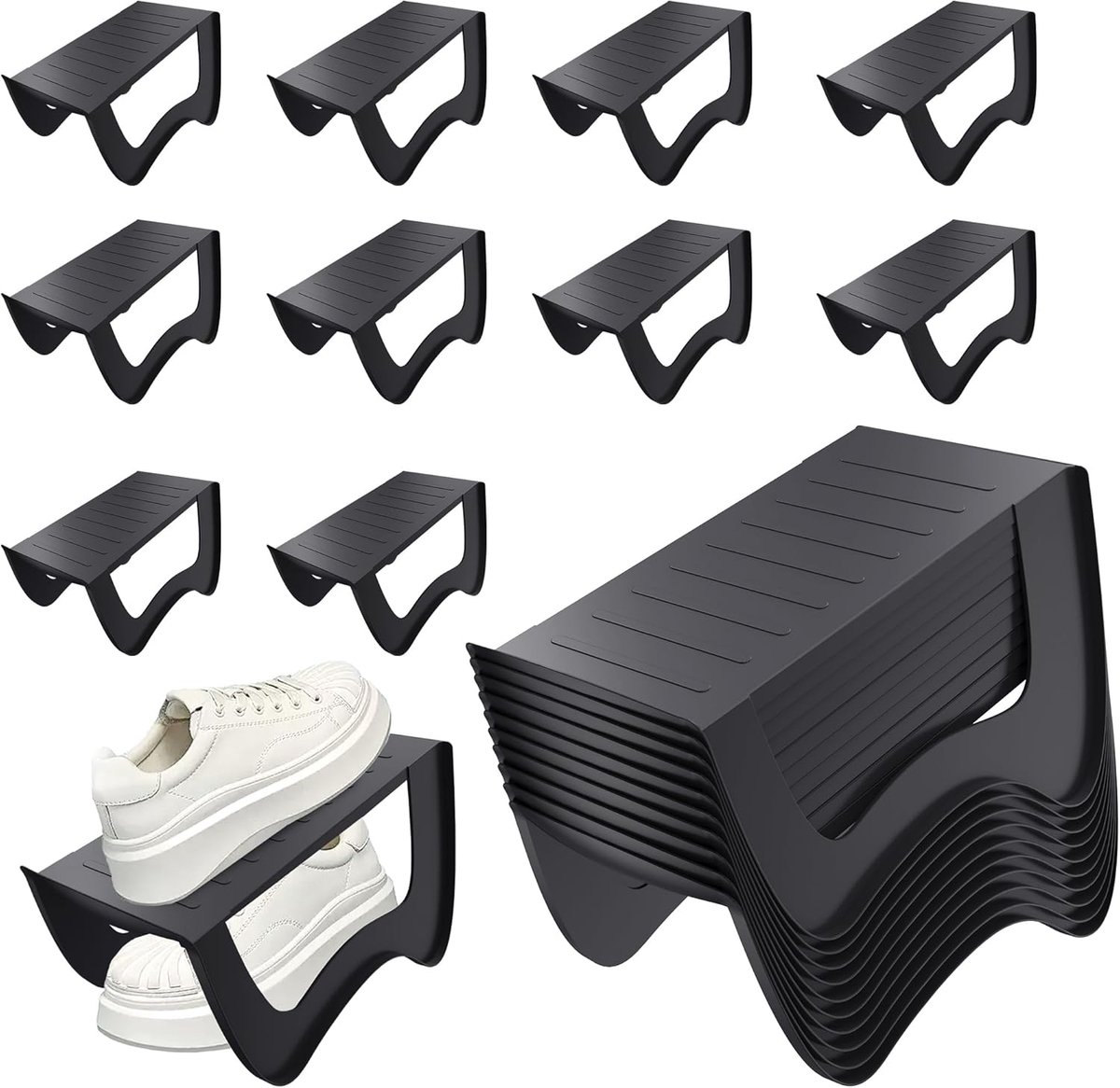 Aufun 10-delige Antislip Schoenopbergset - Dubbellaags Zwart 25x14,5x14cm