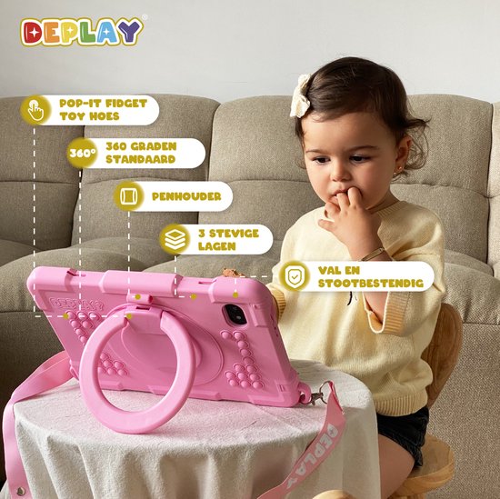 Baby met strik in haar, speelt op roze tablet met ring