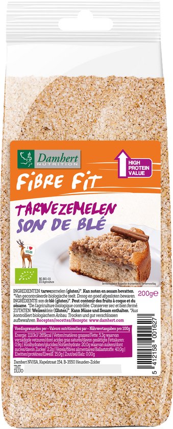 Damhert Fibre Fit tarwezemelen met een stuk taart erop, biologisch, 200g.