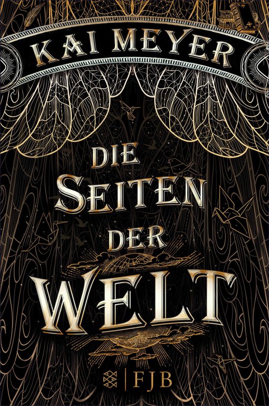 Boek "Die Seiten der Welt" van Kai Meyer, met gouden decoratieve lijnen, kraanvogels en architecturale elementen op een zwarte achtergrond.