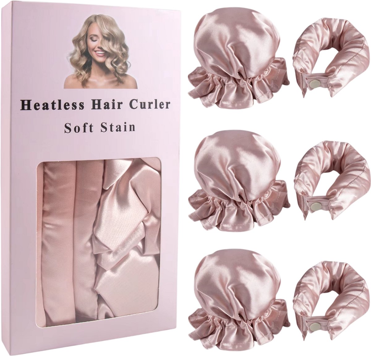 Hittevrije Krulband van Satijn – 3-delige Curling Rod voor Krullen zonder Hitte – Overnight Haar Kruller - Champagnekleur