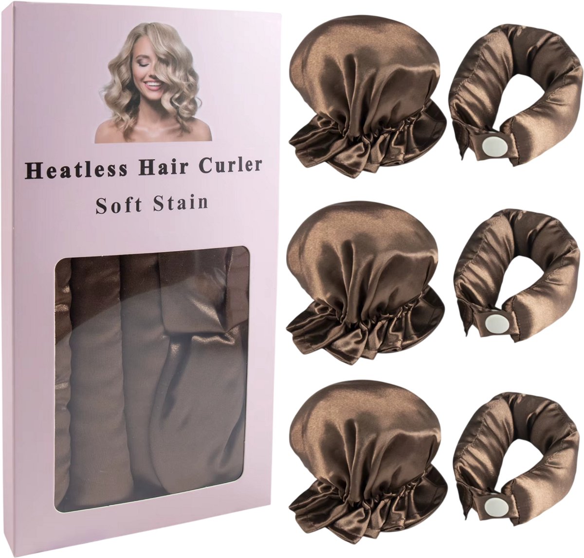 Hittevrije Krulband van Satijn – 3-delige Curling Rod voor Krullen zonder Hitte – Overnight Haar Kruller - BRUIN