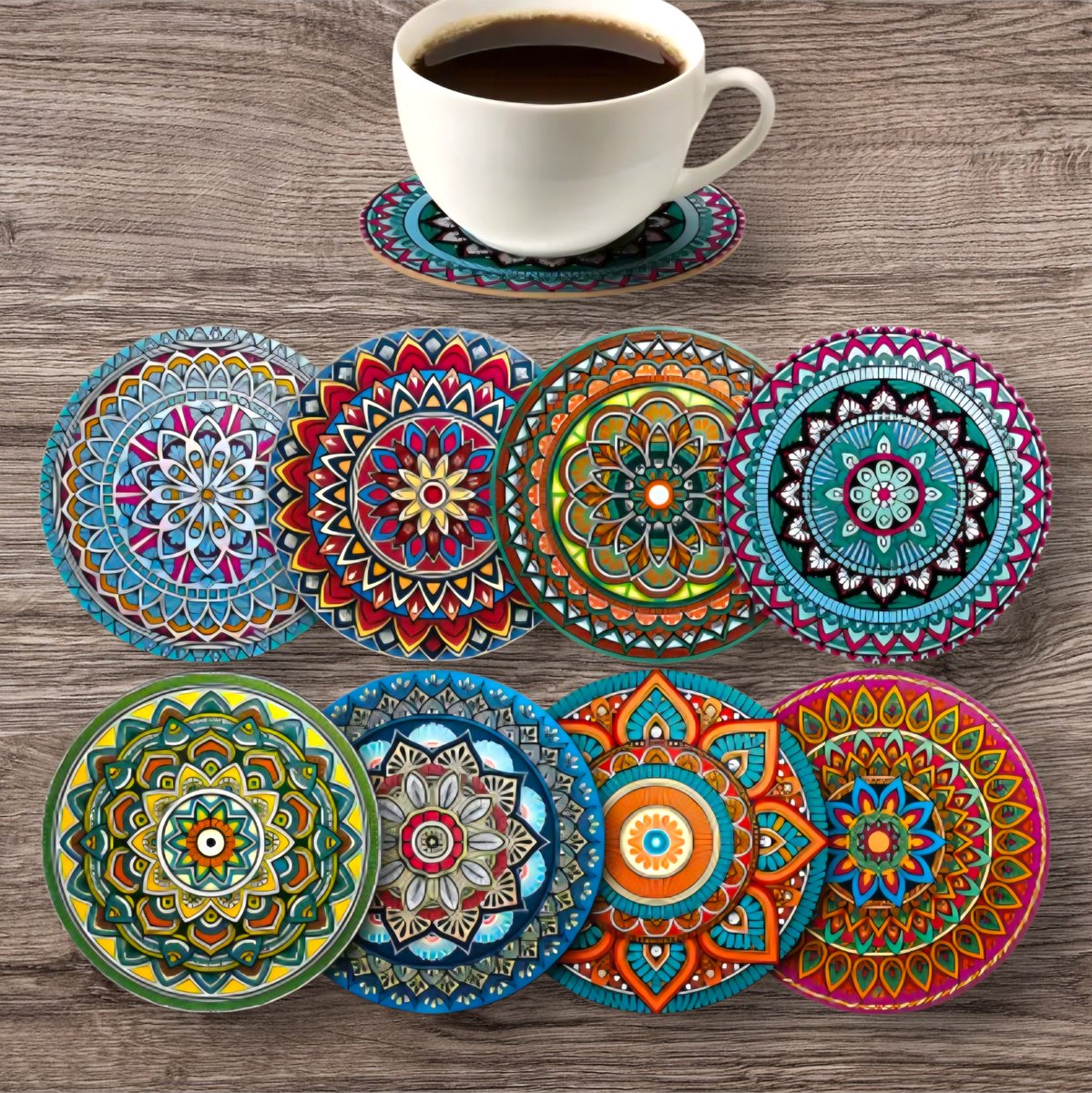 Onderzetters Mandala - 8 stuks - Set van 8 - Onderzetters - Bohemian - Coasters - Onderzetters glazen - Houten onderzetters - Onderzetters voor glazen - Onderleggers voor glazen of Kopjes - Verjaardagscadeau - Moederdag - Vaderdag - Cadeau — cadeau in Wonen & Interieur - foto 2
