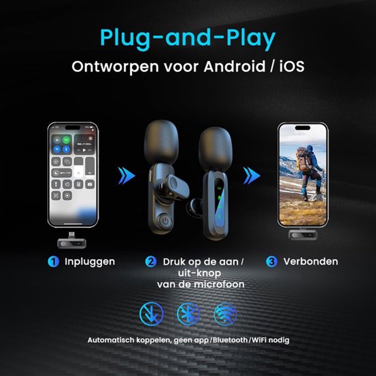 TRANSNECT - Draadloze Microfoon - 2 stuks - Microfoon Draadloos - Dasspeld Microfoon Draadloos - Microfoon Bluetooth - Lavalier Microfoon - USB-C & 8-pins ontvanger - Geschikt Voor Alle Telefoons — cadeau in Cadeau-ideeën - foto 7