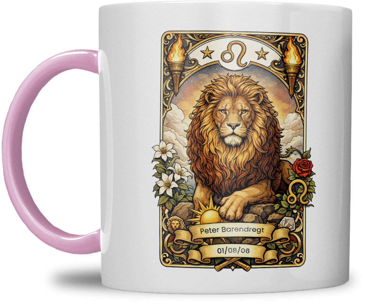 Sterrenbeeld mok - Leeuw - Roze - Tarot mok - Gepersonaliseerd met naam en datum