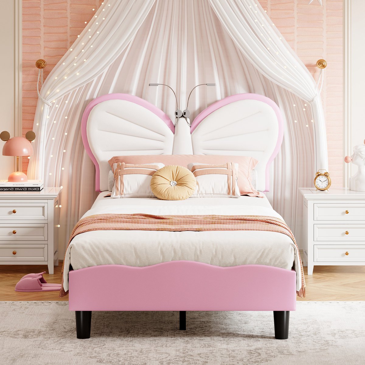 Prinsessenbed 90x200 cm – Fluwelen Kinderbed met Vlinder Hoofdbord en Leeslampjes, Verstelbaar Hoofdbord