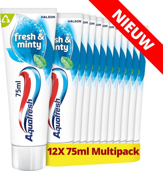 Aquafresh "fresh & minty" tandpasta, 12 tubes van 75ml multipack. Rode, blauwe en witte strepen op de tubes.