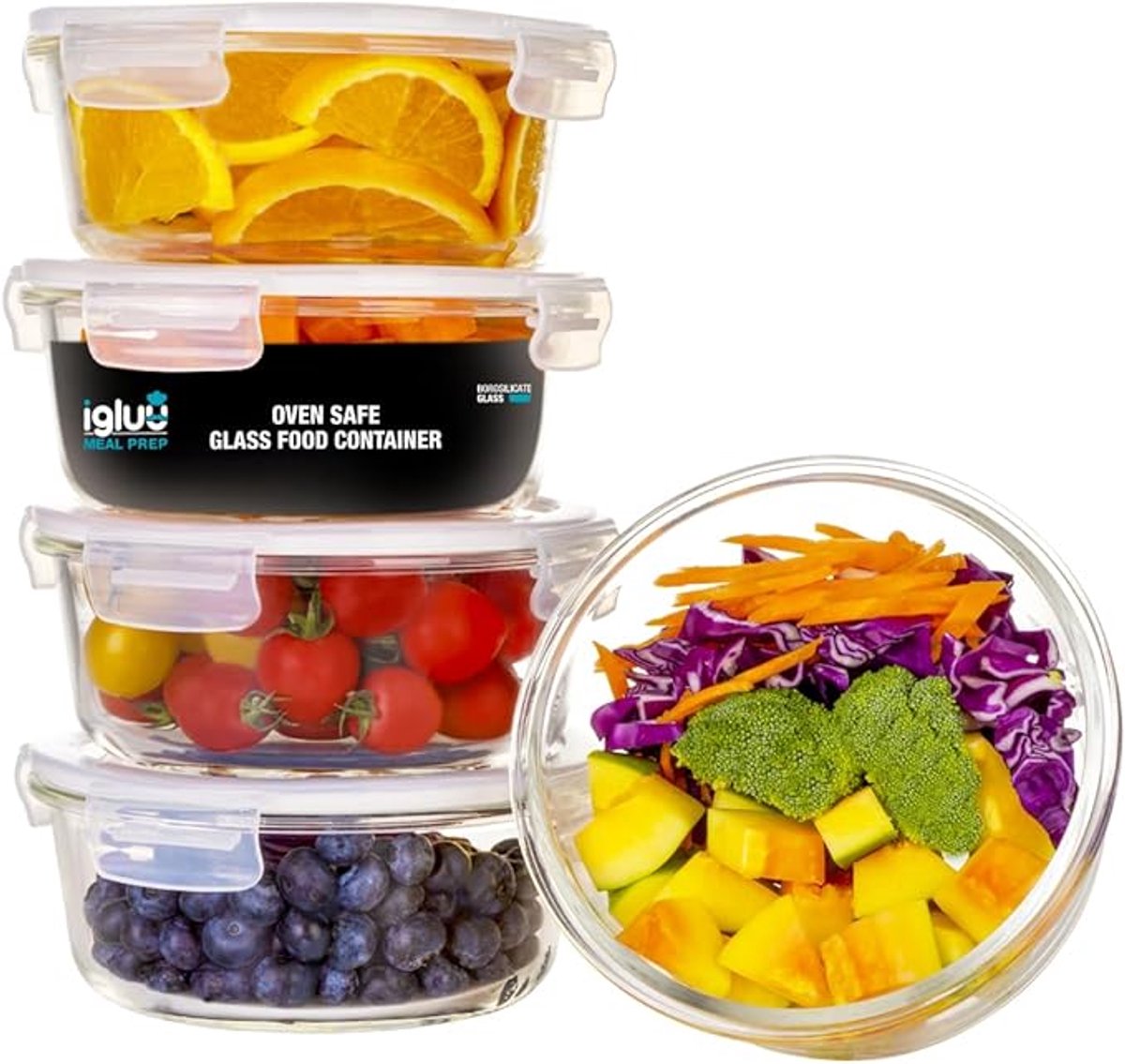 Famanu – Ronde glazen meal prep set 5 + extra deksel – luchtklep deksels, BPA-vrij, lekvrij