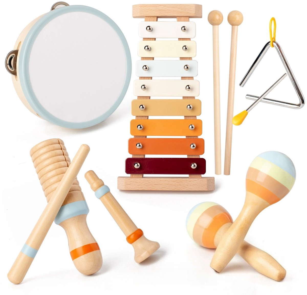 Montessori Early Learning 6-in-1 Houten Muziekspeelset | Muzikale Creativiteit Starterscadeaupakket Voor Kinderen Van 1-3 Jaar · Bevat Xylofoon, Zandshaker En Tamboerijn · Speelgoed Voor Sensorische Ontwikkeling Voor Ouder-kindinteractie