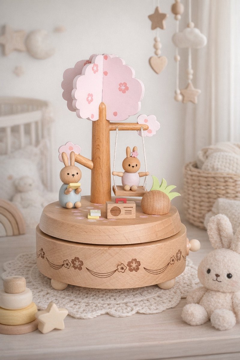 Bébli - Wooden Music Box Cherry Tree Bunny - Melody: 'The city of the sky"