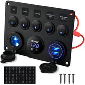 YOZHIQU 5-standen multifunctionele tuimelschakelaar - met dubbele USB-oplader, digitale voltmeter en 12V-aansluiting - voorgemonteerd schakelpaneel - met stroomonderbreker - geschikt voor campers, auto's, boten, vrachtwagens en trailers.