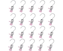 20 Stuks - Wasknijpers - Sokclips - Kledinghangers met Clips - Winddichte clips - Multifunctionele clips - 11,3*4 cm - Roze - RVS - Kledinghaken - Hoedclips - Broekklemmen met Antislip - Voor Rokken, Broeken en Sjaals
