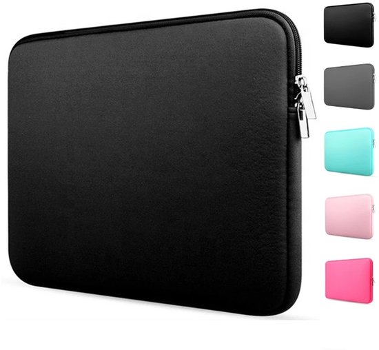 Housse d'ordinateur portable noire avec fermeture éclair, avec d'autres couleurs à côté : gris, menthe, rose.