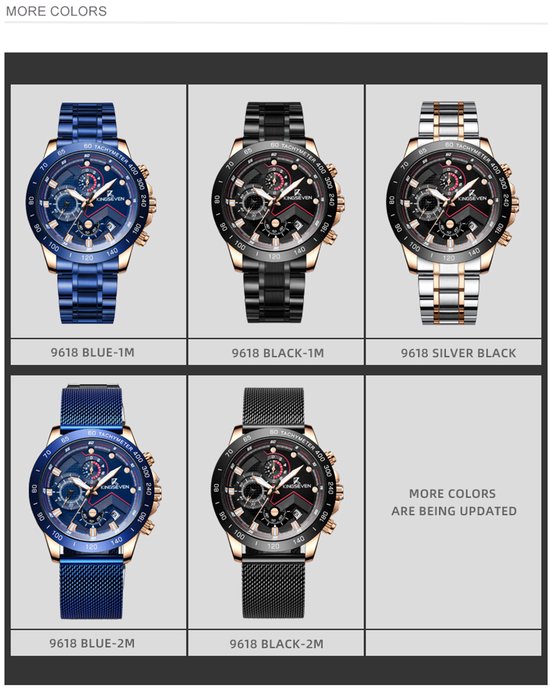 Zes KINGSEVEN 9618 horloges in blauw, zwart en zilver, met roestvrijstalen band of mesh band.