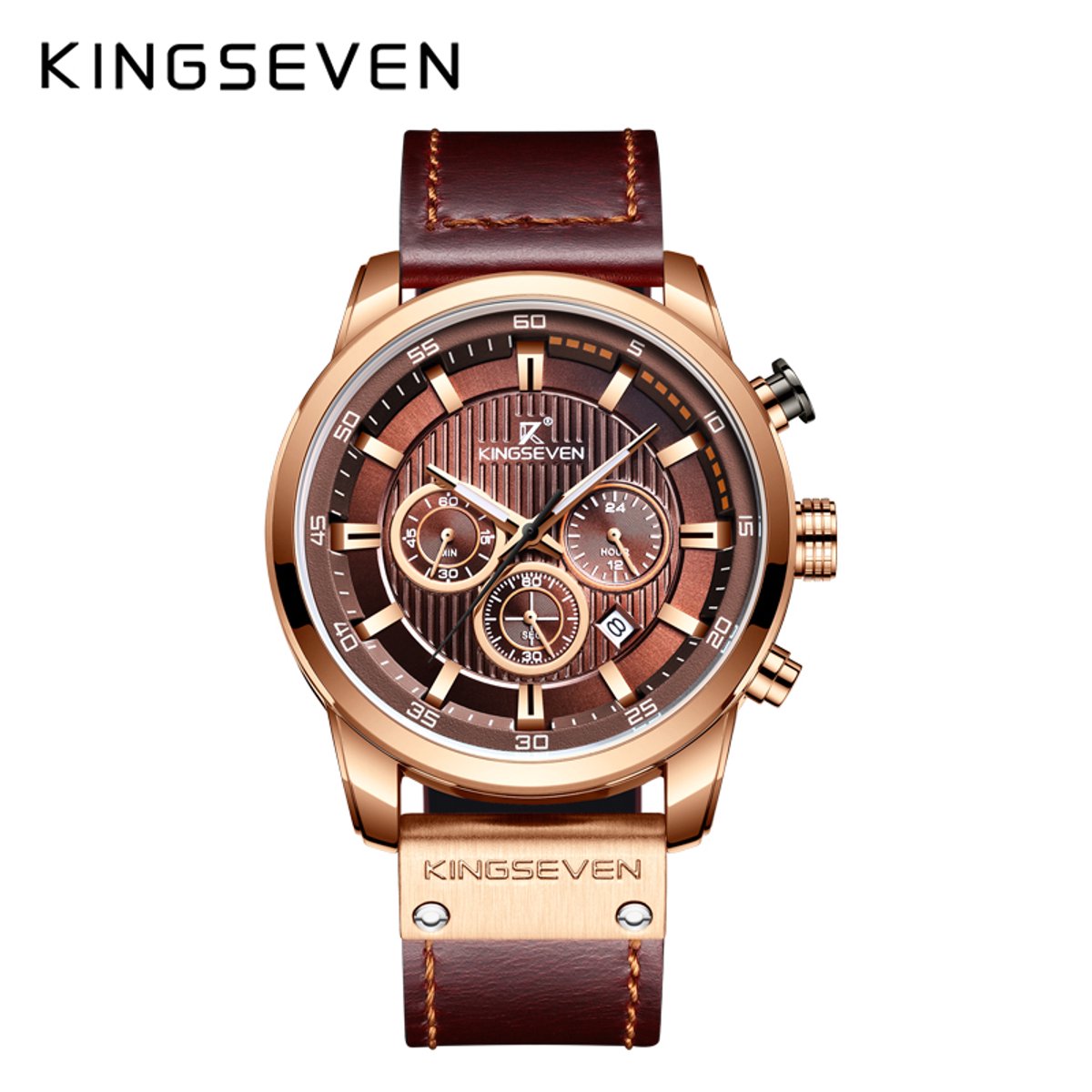 KINGSEVEN Herenhorloge 9507 - Goudkleurig-Bruin - Quartz - Leren Band - Roestvrij Staal - Datum Aanduiding - Luxe Klassiek Design - 45mm