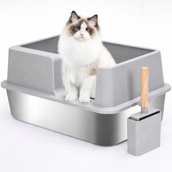 Litière - XXL - Acier inoxydable - Porte latérale (pour prévenir les débordements), grande pelle à litière et pied résistant au sable - ANMI