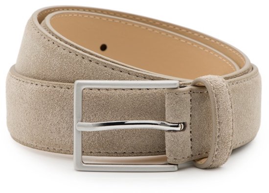 Ceinture taupe en suède avec boucle argentée.