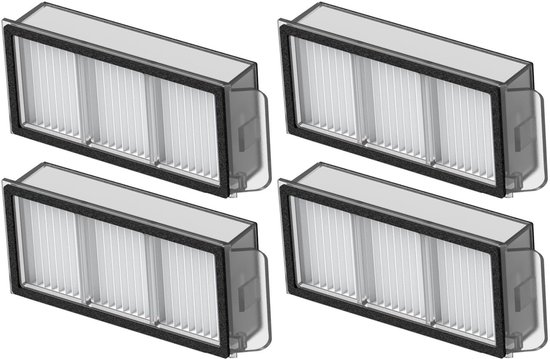 Vier rechthoekige, grijze filters met zwart frame voor robotstofzuiger.