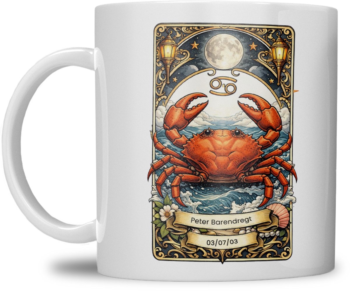 Sterrenbeeld mok - Kreeft - Wit - Tarot mok - Gepersonaliseerd met naam en datum