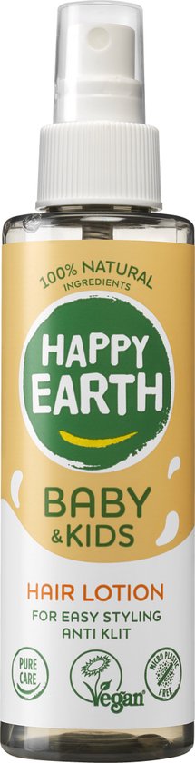 Fles met spraydop, met gele etiket met "HAPPY EARTH BABY & KIDS HAIR LOTION", "FOR EASY STYLING ANTI KLIT", "Vegan" en "Micro Plastic Free".