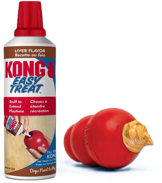 KONG Easy Treat leverpastei in spuitbus naast een rode KONG gevuld met bruine pasta.